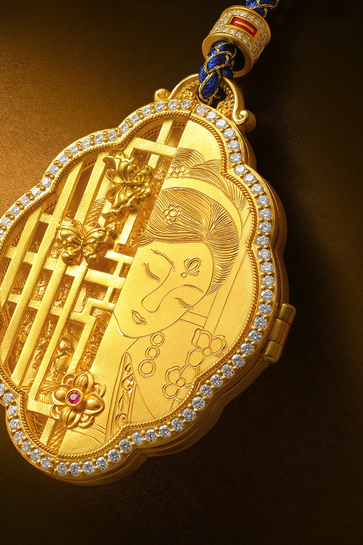 "Chinese Culture Collection - Dan Qing" 999 24K Gold  String Pendant Diamond 0.0075ct Ruby 0.015ct 52-58g W0450080