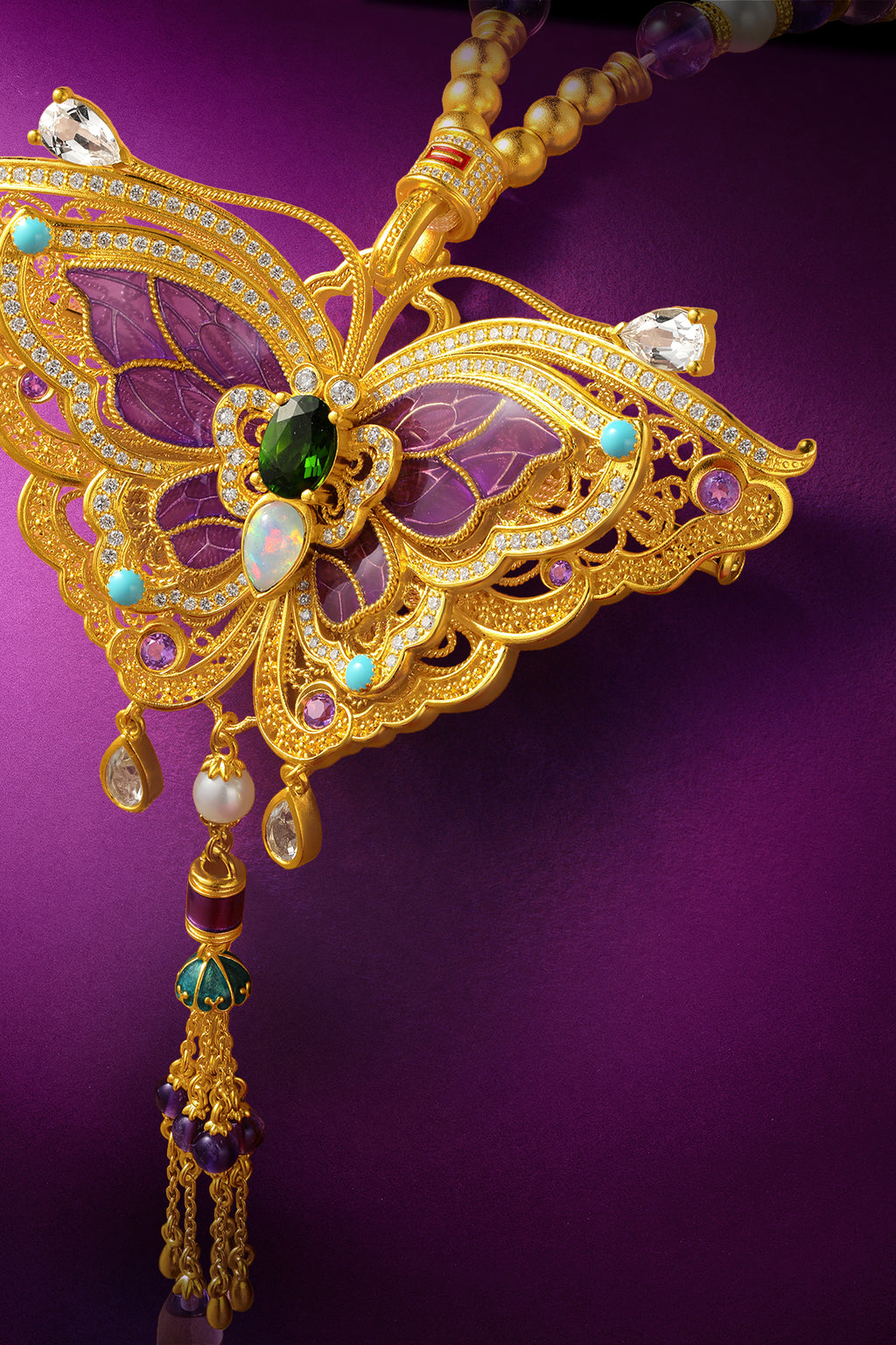 "Chinese Culture Collection - Dan Qing" 999 24K Gold String Pendant Necklace Amethyst 1.8-7.5mm Diamond 0.0042ct Freshwater Pearl 0.78ct Butterfly 50-56g J0650024