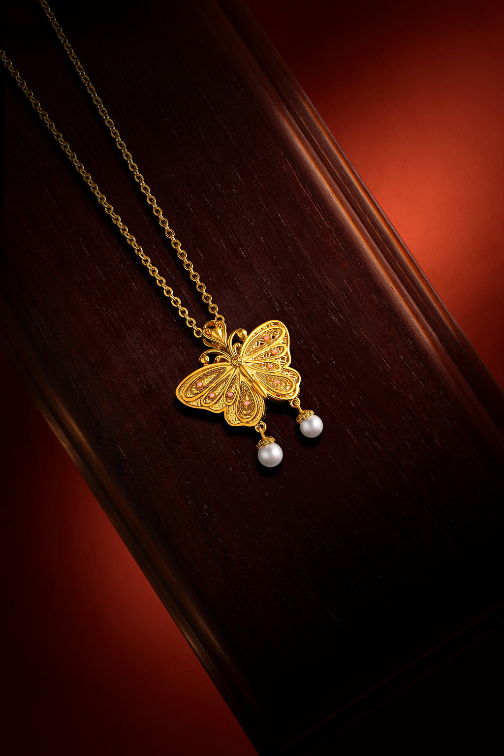 "Chinese Culture Collection - Dan Qing" 24K Gold Pendant Necklace Diamond 0.004ct Pearl 3.5-4mm Butterfly 14.8-17.8g W0636728