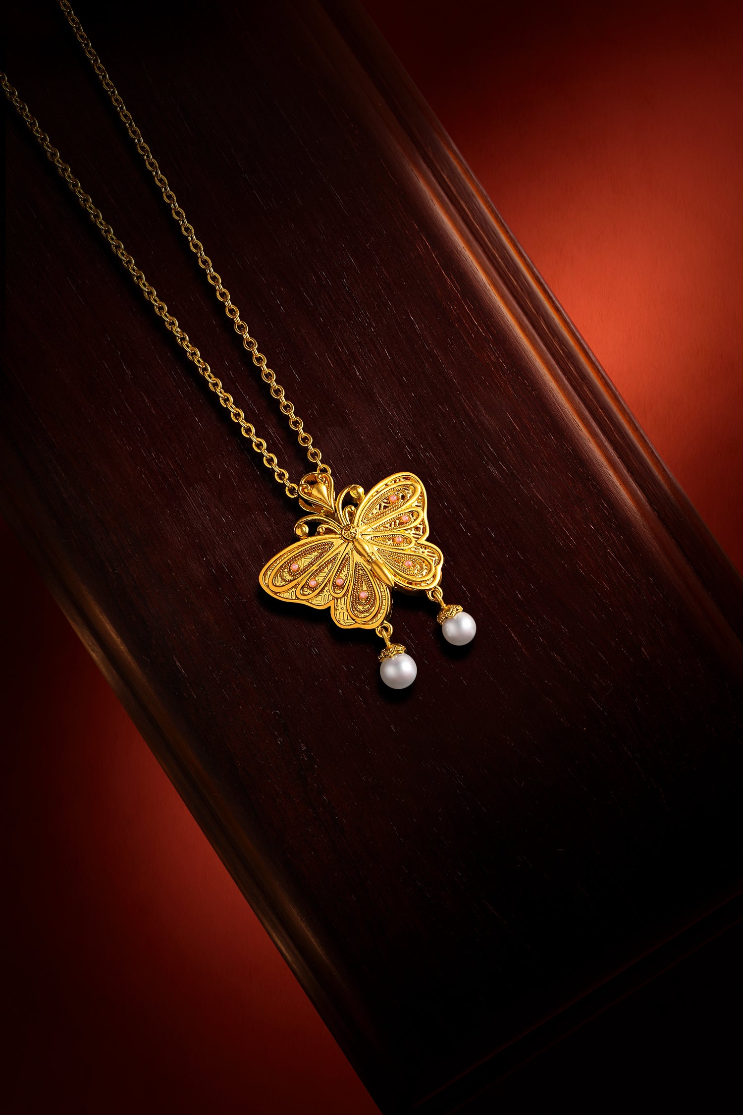 "Chinese Culture Collection - Dan Qing" 24K Gold Pendant Necklace Diamond 0.004ct Pearl 3.5-4mm Butterfly 14.8-17.8g W0636728