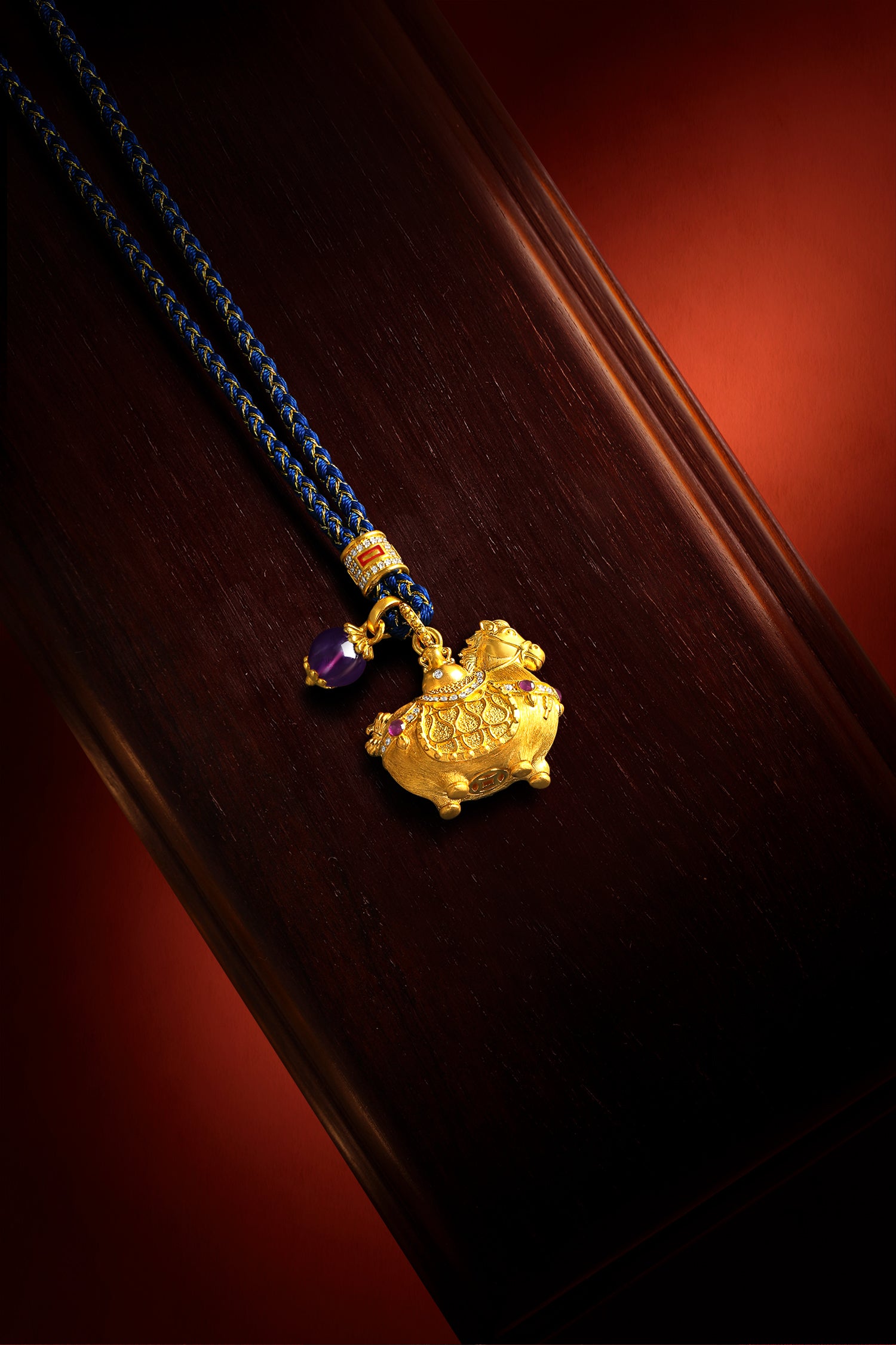 "Chinese Culture Collection - Dan Qing" 24K Gold Pendant Braided Rope Diamond 0.0026ct Amethyst 6-6.5mm Horse 16-18.5g W0436248