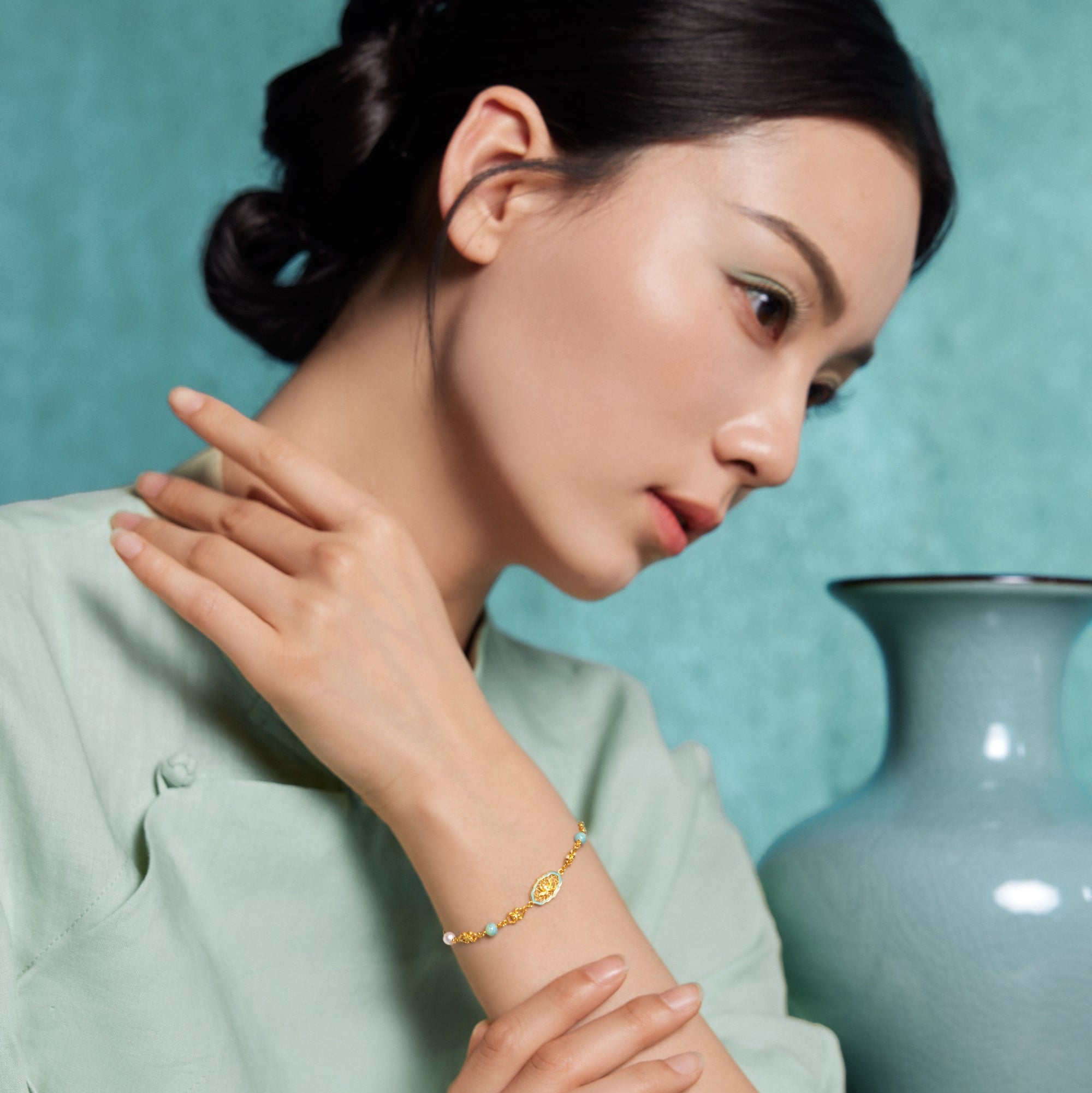 "Chinese Culture Collection - Ru Ware" 24K Gold Chain Bracelet Diamond 0.005ct 0.002ct Pearl Flower 4.36-6.36g W0750031