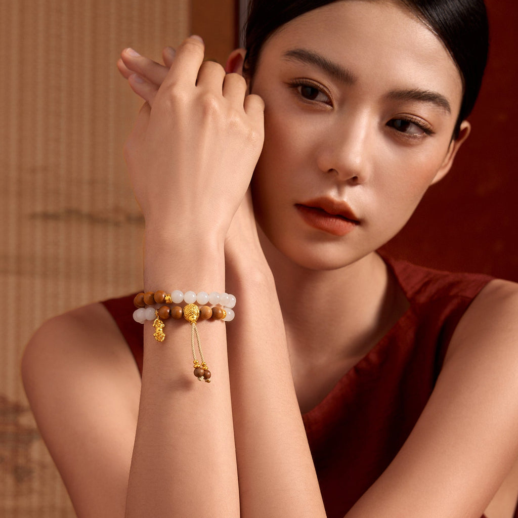 Jiuhua Mountain' 24K Gold Beaded Bracelet Heitian Jade Wood Buddhist Scripture Y1915285