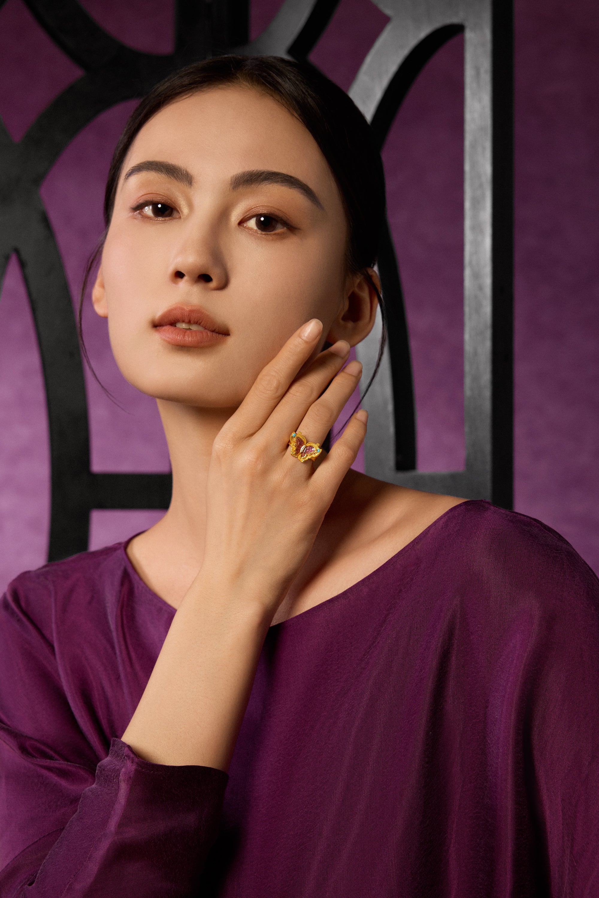 "Chinese Culture Collection - Dan Qing" 24K Gold Ring Diamond 0.007ct Butterfly 6.5-8.5g W0136612