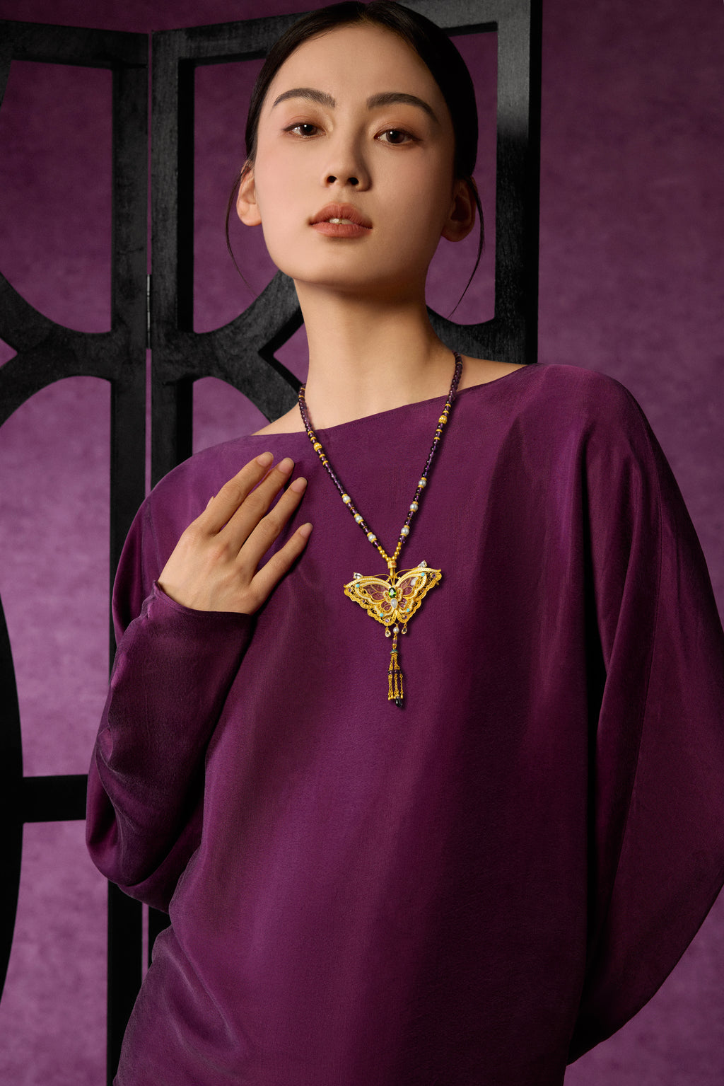 "Chinese Culture Collection - Dan Qing" 999 24K Gold String Pendant Necklace Amethyst 1.8-7.5mm Diamond 0.0042ct Freshwater Pearl 0.78ct Butterfly 50-56g J0650024