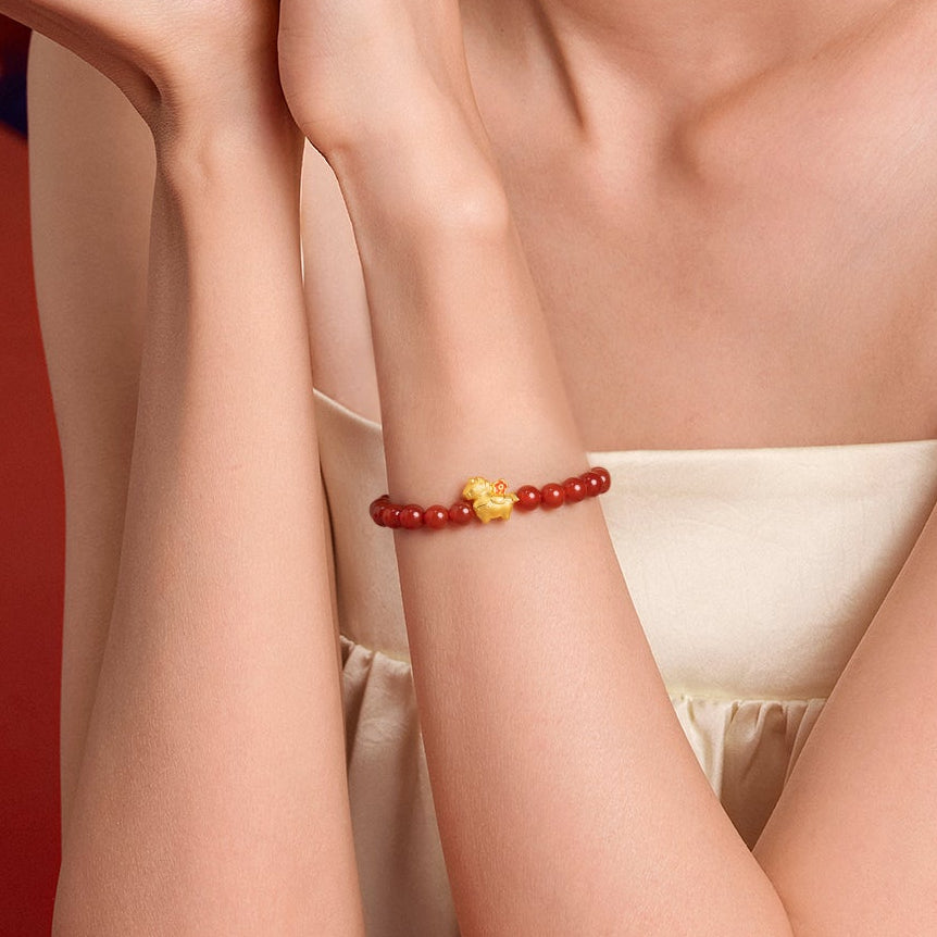 'Year of the Horse' 24K Gold Beaded Bracelet Agate Horse Flower 0.7-1g 17cm A1916285