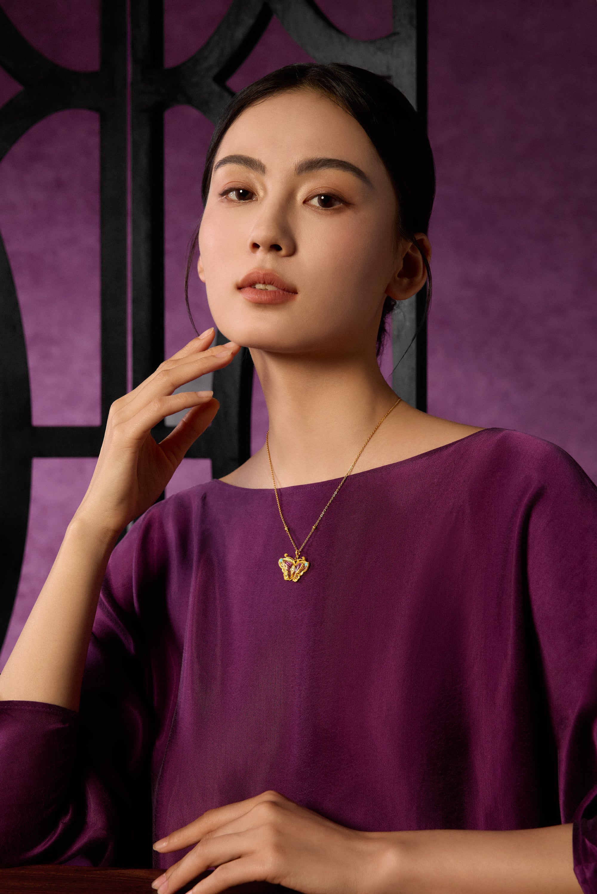 "Chinese Culture Collection - Dan Qing" 24K Gold Pendant Necklace Diamond 0.0084ct Butterfly 12.2-15.2g W0636617