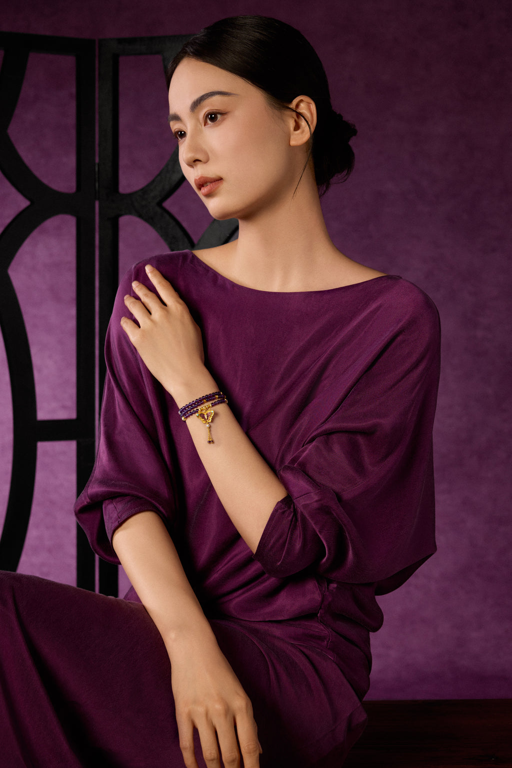 "Chinese Culture Collection - Dan Qing" 24K Gold Beaded Bracelet Amethyst 4-4.5mm Diamond 0.0029ct 4-4.5mm Butterfly 15.3-19.3g J1940435