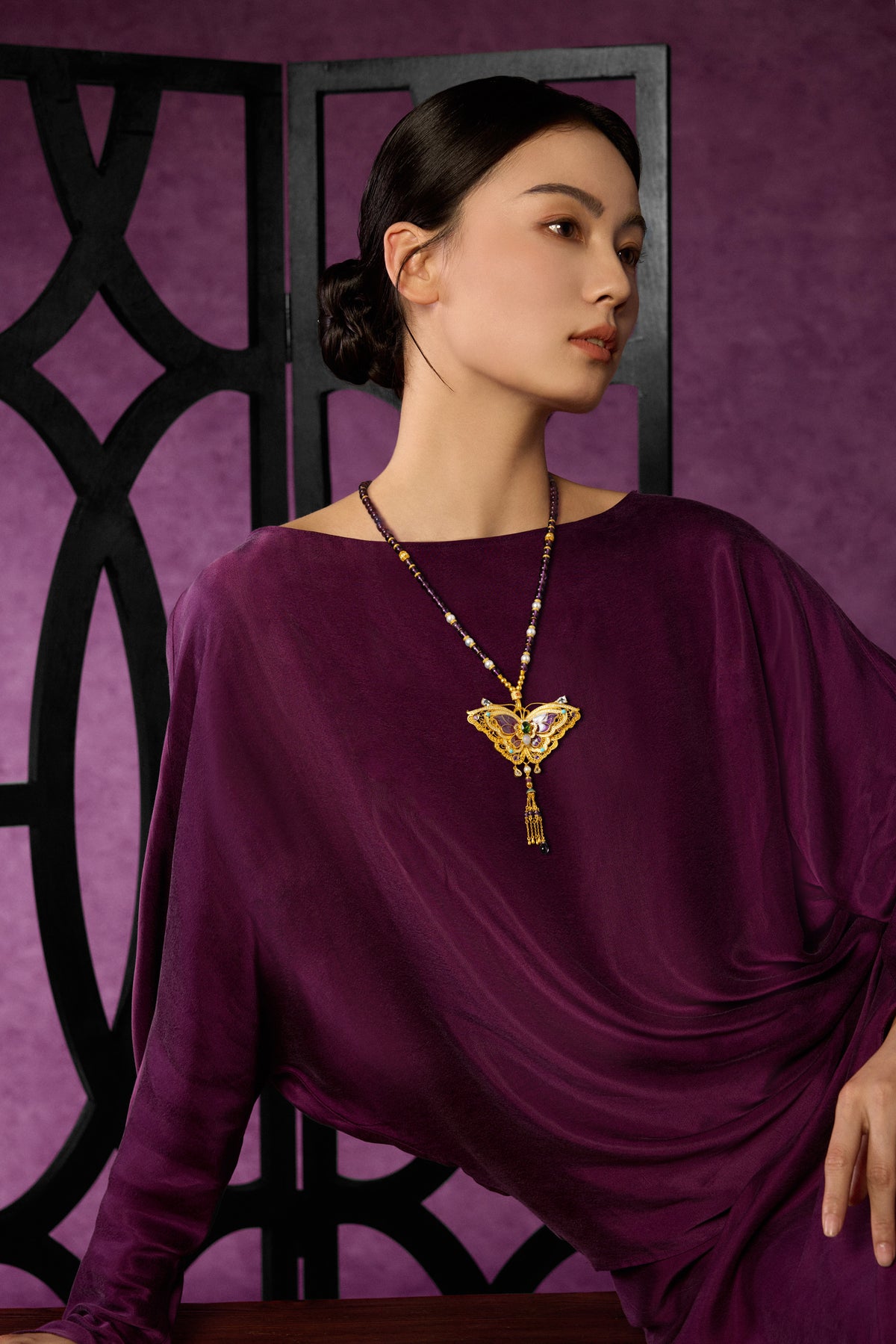 "Chinese Culture Collection - Dan Qing" 999 24K Gold String Pendant Necklace Amethyst 1.8-7.5mm Diamond 0.0042ct Freshwater Pearl 0.78ct Butterfly 50-56g J0650024