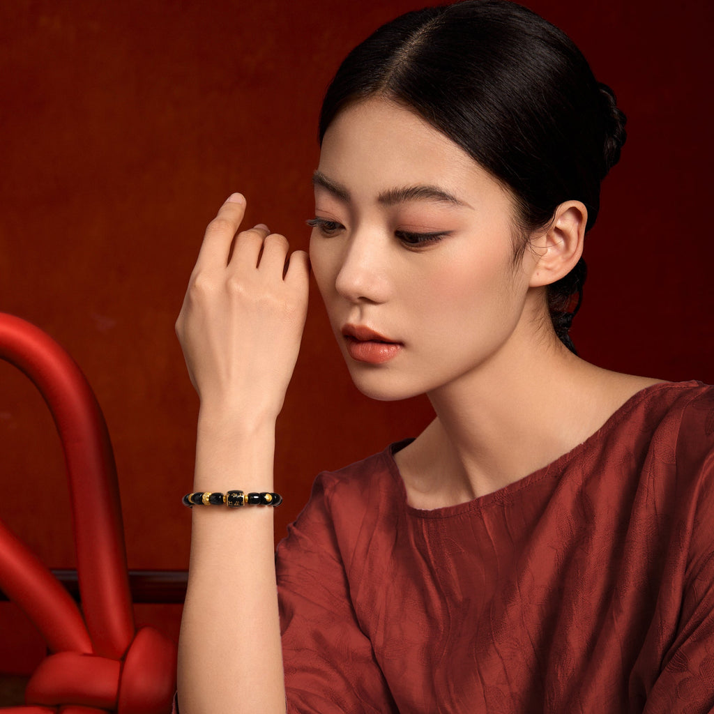 "Jiuhua Mountain" 24K Gold Beaded Bracelet Black Agate Engraved Barrel 8.5*7.5mm 18cm J1939467