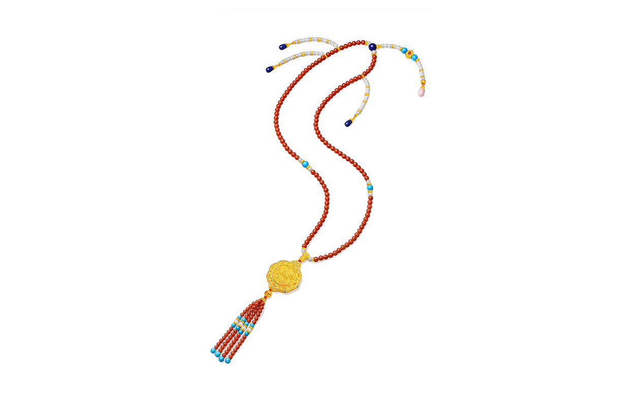 "Chinese Culture Collection - Dan Qing" 24K Gold Pendant Necklace Braided Rope Agate 3-5.5mm Diamond 0.05ct 0.0024-0.0045 Dragons & Phoenixes 56-64.5g J0636327