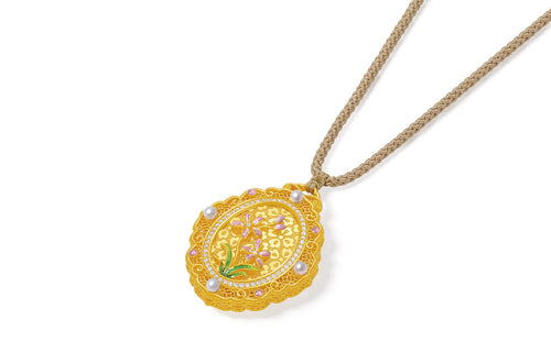 "Chinese Culture Collection - Song Brocade" 24K Gold Pendant Necklace Diamond  2.5-2.7mm Pearl         Flower 12.43-14.93g W0423105
