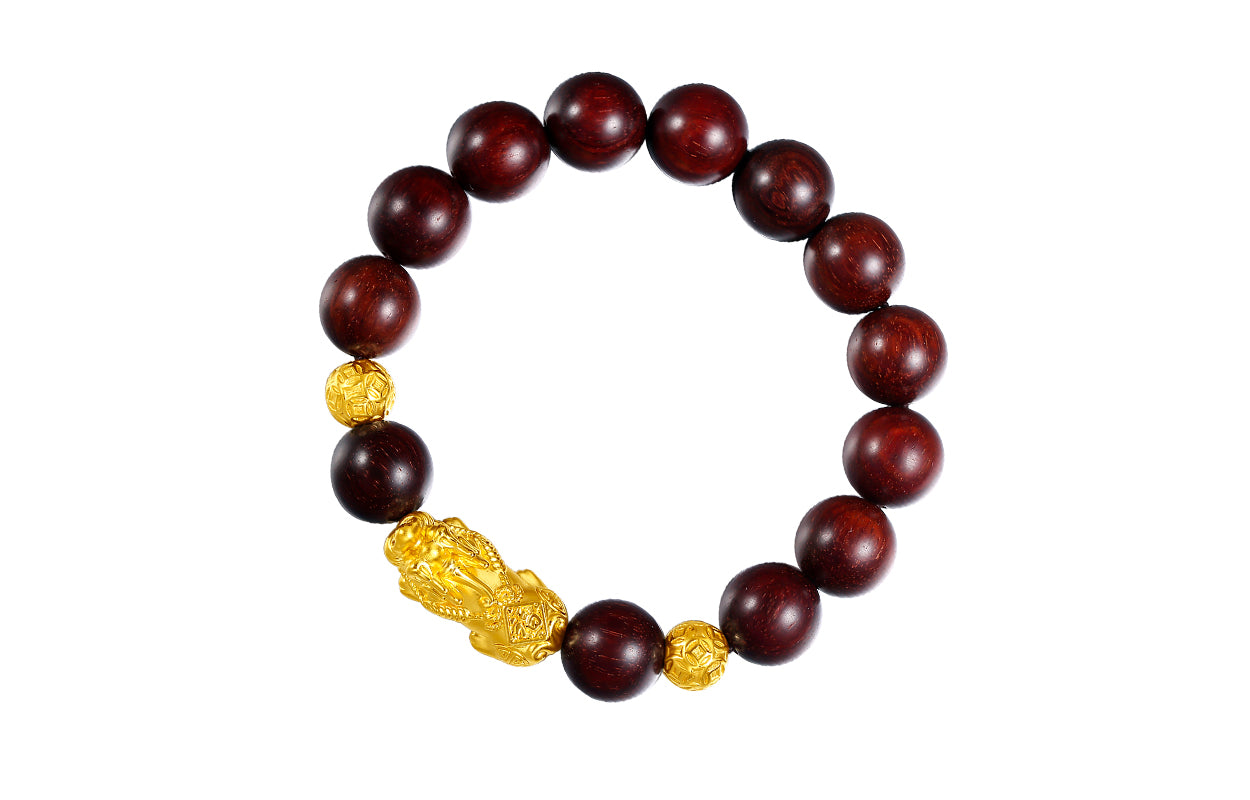 24K Gold Beaded Bracelet Sandalwood Pixiu 2.7-3.1g ADXY193480