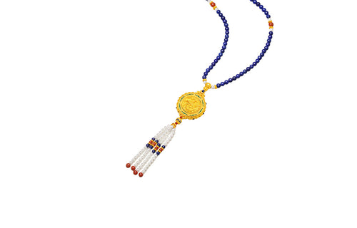 "Chinese Culture Collection - Dan Qing" 24K Gold Pendant Necklace Lapis Lazuli 3-5.5mm Diamond 0.05ct 4-10mm Dragons & Phoenixes 58-66g J0636332