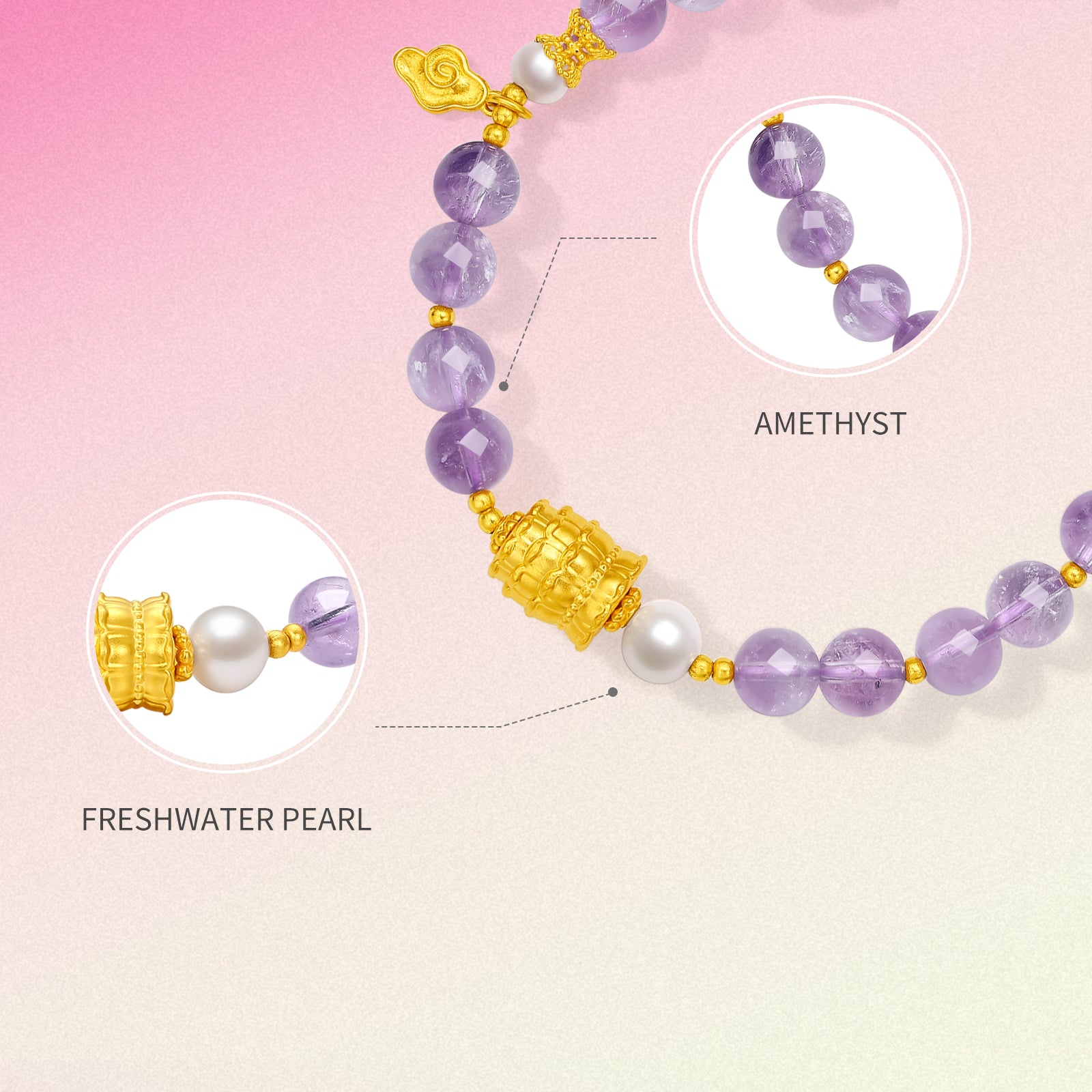 Jiuhua Mountain' 24K Gold Beaded Bracelet Amethyst Pearl Ksitigarbha's Implements J1915266