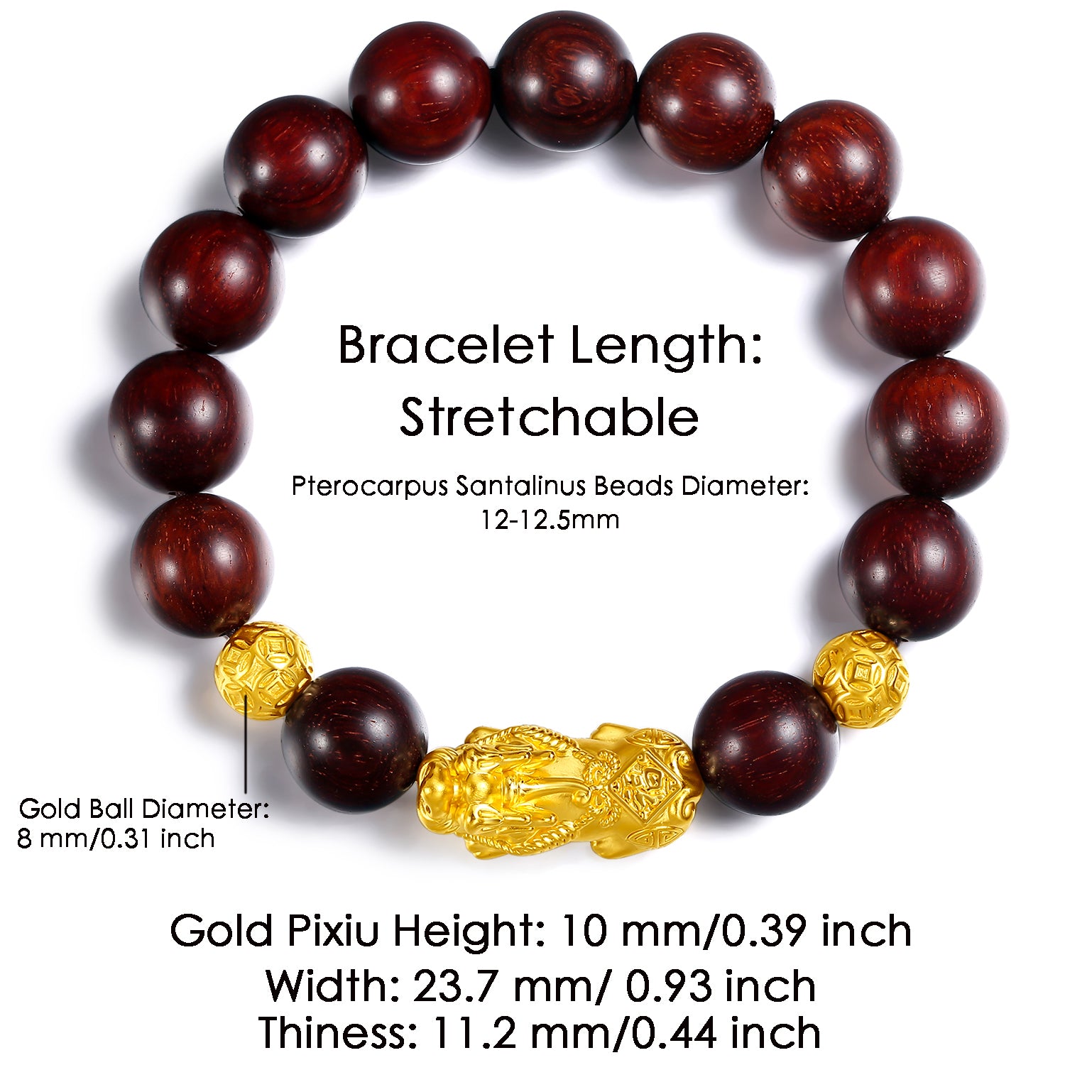 24K Gold Beaded Bracelet Sandalwood Pixiu 2.7-3.1g ADXY193480