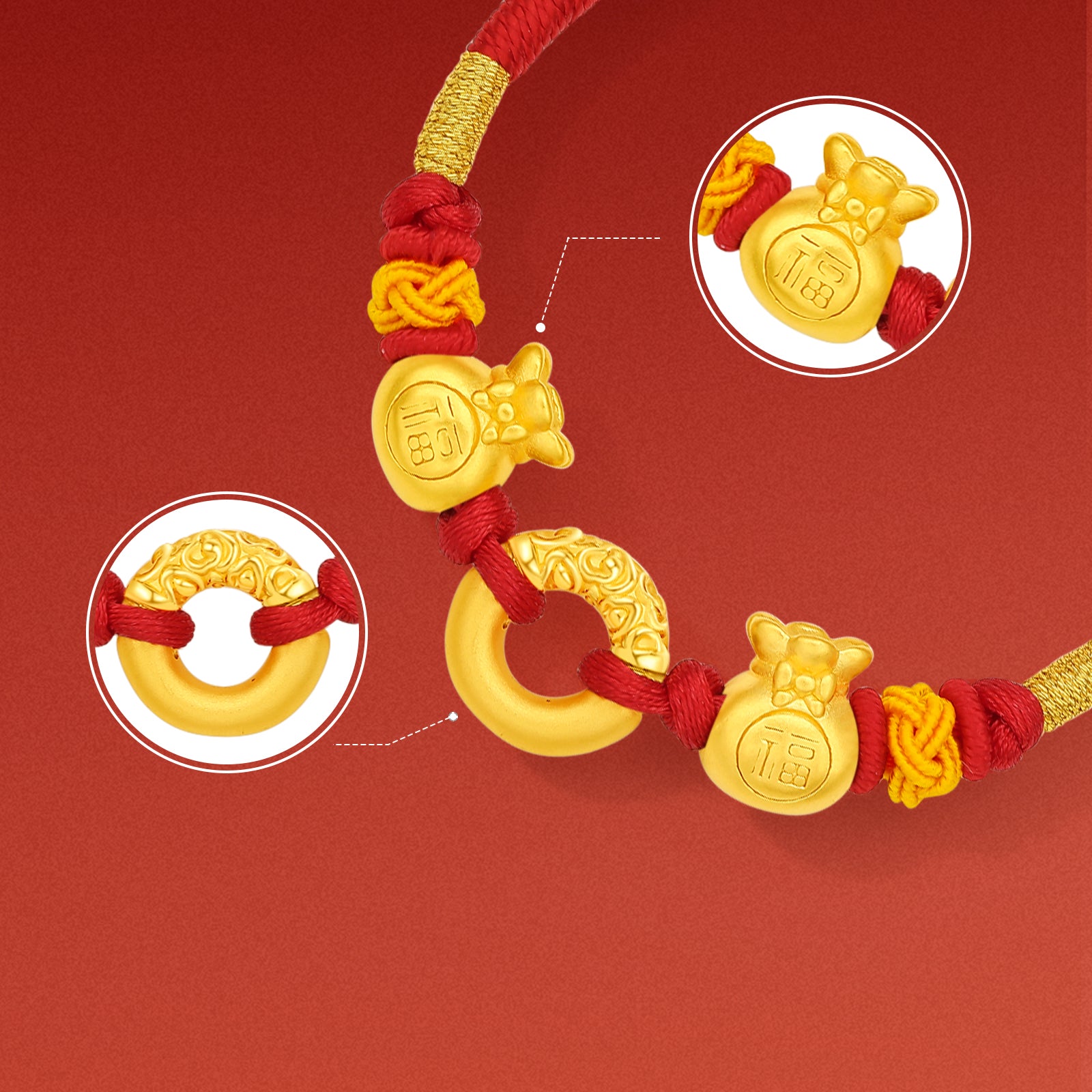 24K Gold String Bracelet 1.8-2.3g Good Fortune Bag A1712792