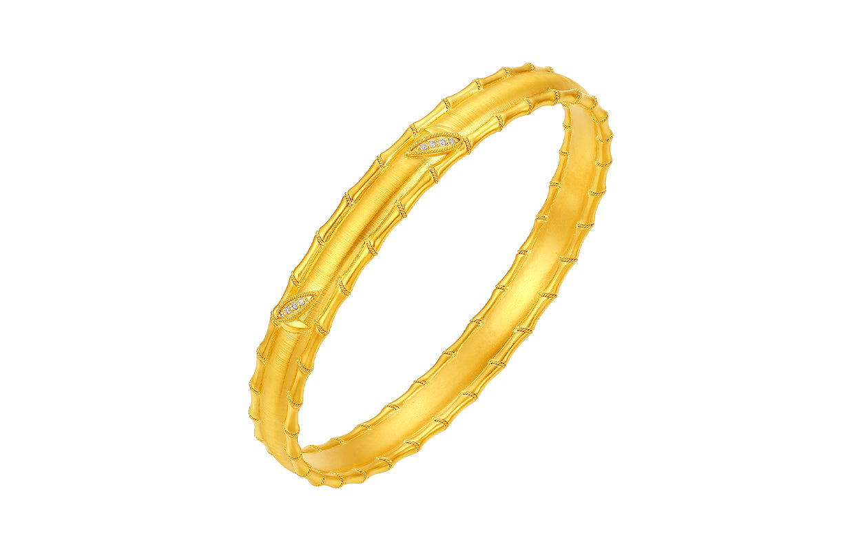 "Chinese Culture Collection - Dan Qing" 24K Gold Bangle Bracelet Diamond 0.005ct Bamboo 44-52g W1036271