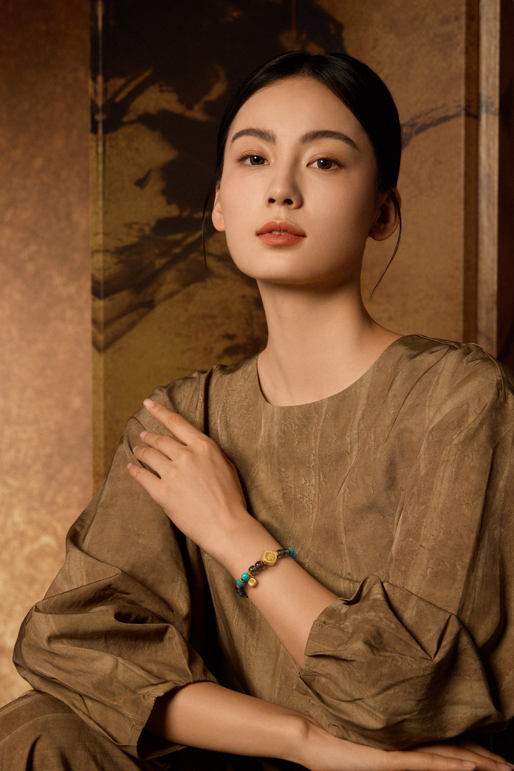 "Chinese Culture Collection - Dan Qing" 999 24K Gold Beaded Bracelet Crystal 6.9-7.4*6-6.5mm Diamond 0.0057ct Turquoise 5.5-8.5g J1950057