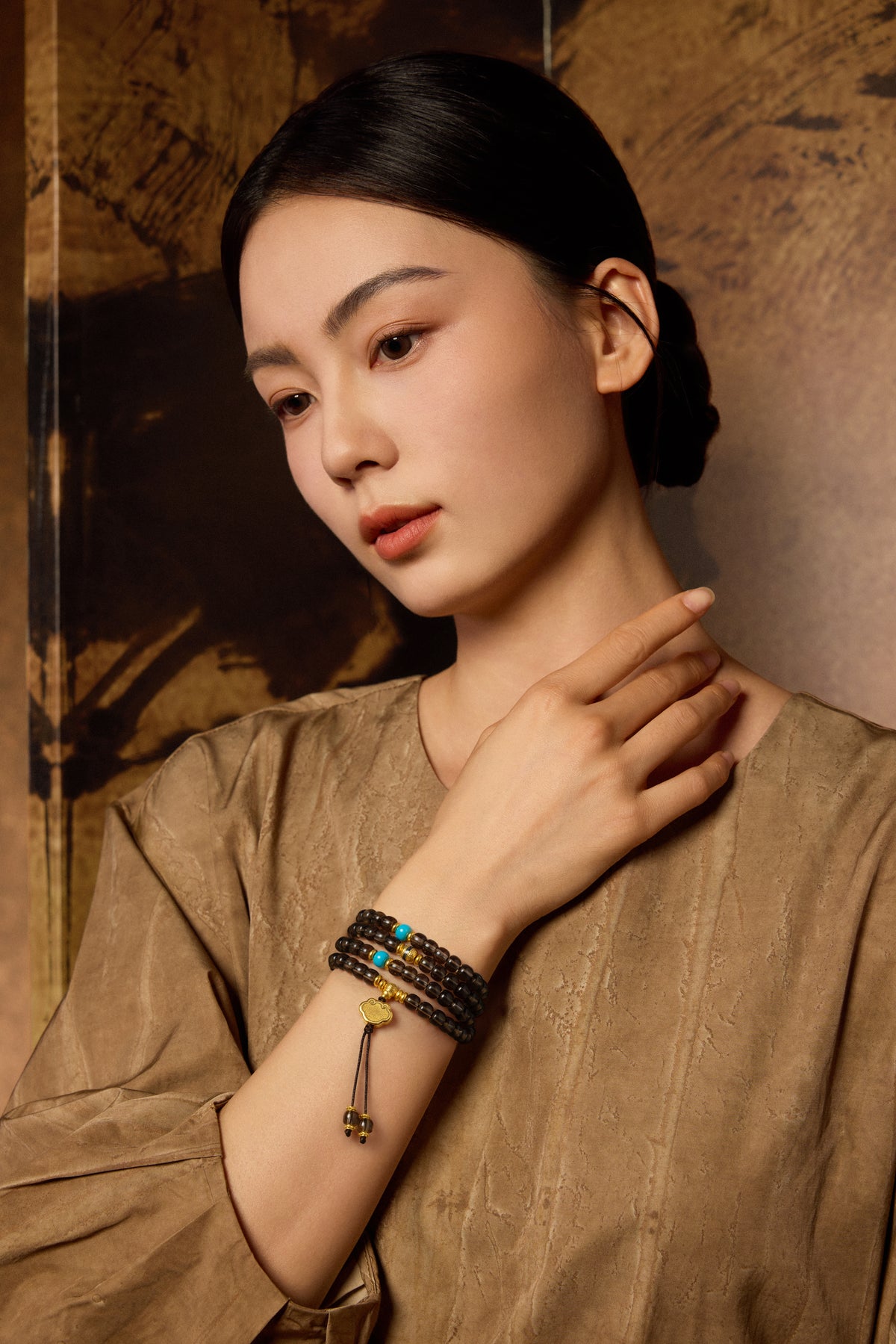 "Chinese Culture Collection - Dan Qing" 999 24K Gold Beaded Bracelet Crystal 6-6.5*4.8*5.3mm Diamond 0.0072ct Turquoise 0 Gourd 5.5-8.5g J1950051
