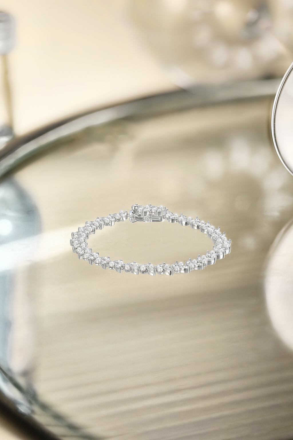 ZHOU LIU FU 925 Sterling Silver Marquise Cubic Zirconia Tennis Bridal Bracelet Simulated Pearl Wedding Jewelry for Women J0713594