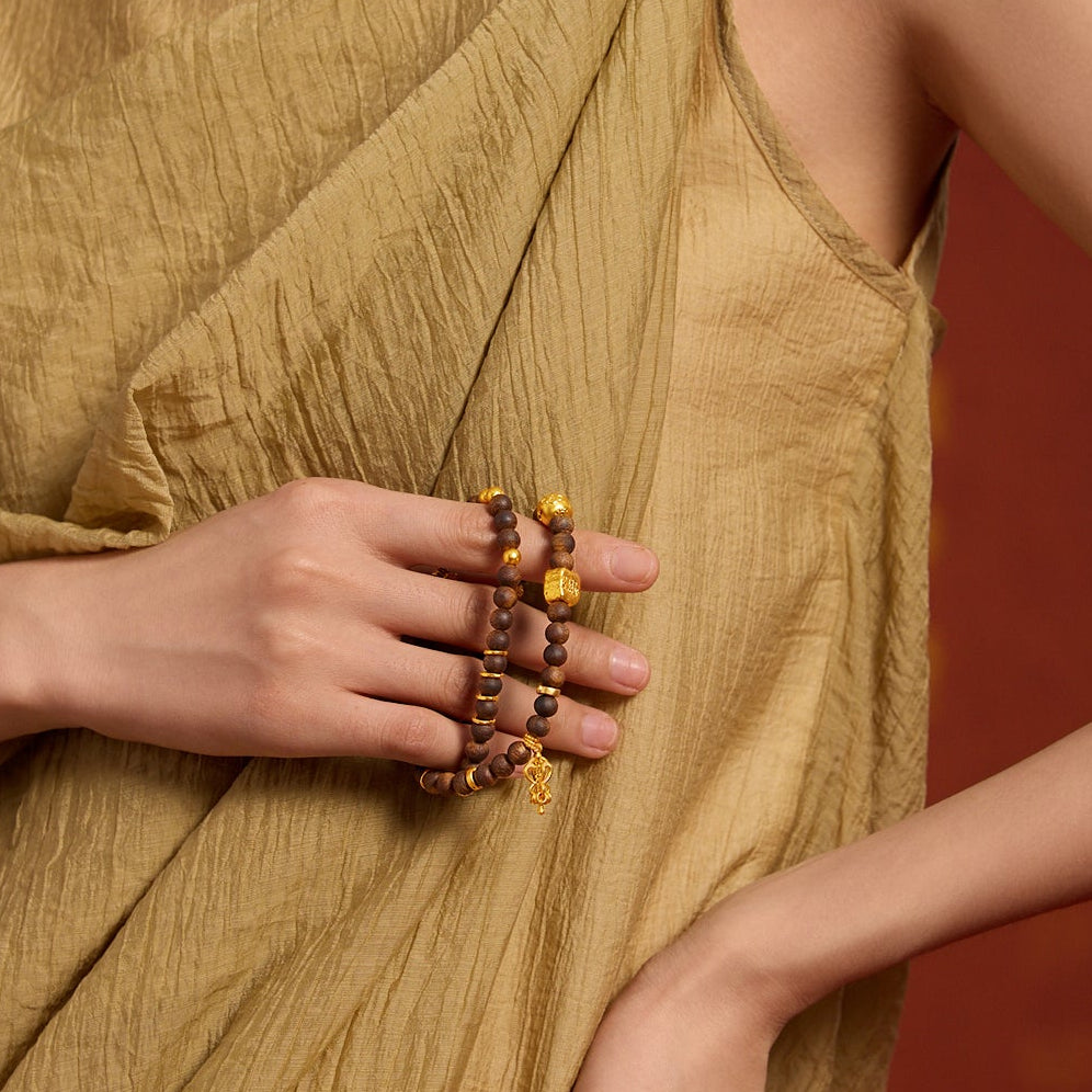 Jiuhua Mountain' 24K Gold Beaded Bracelet Aloeswood Beads Ksitigarbha's Implements A1915290