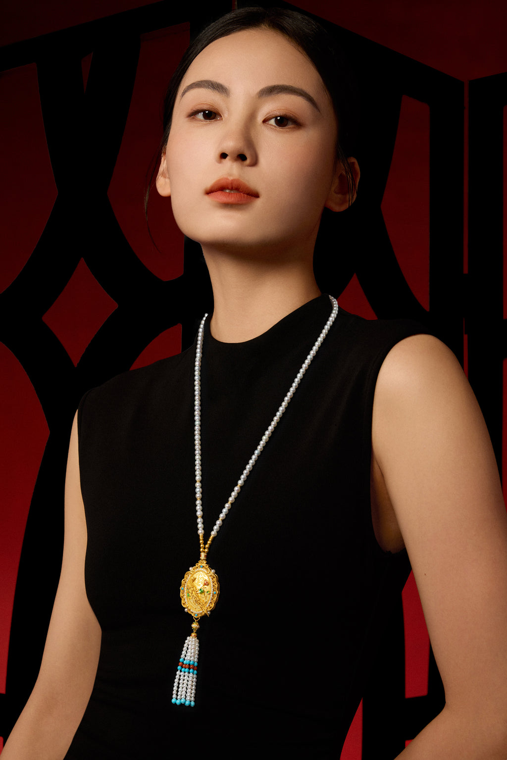 "Chinese Culture Collection - Dan Qing" 999 24K Gold String Pendant Necklace String Freshwater Pearl 3-5.5mm Diamond 0.0069ct Ruby 3-4.3mm Floral 55-62g X0650066