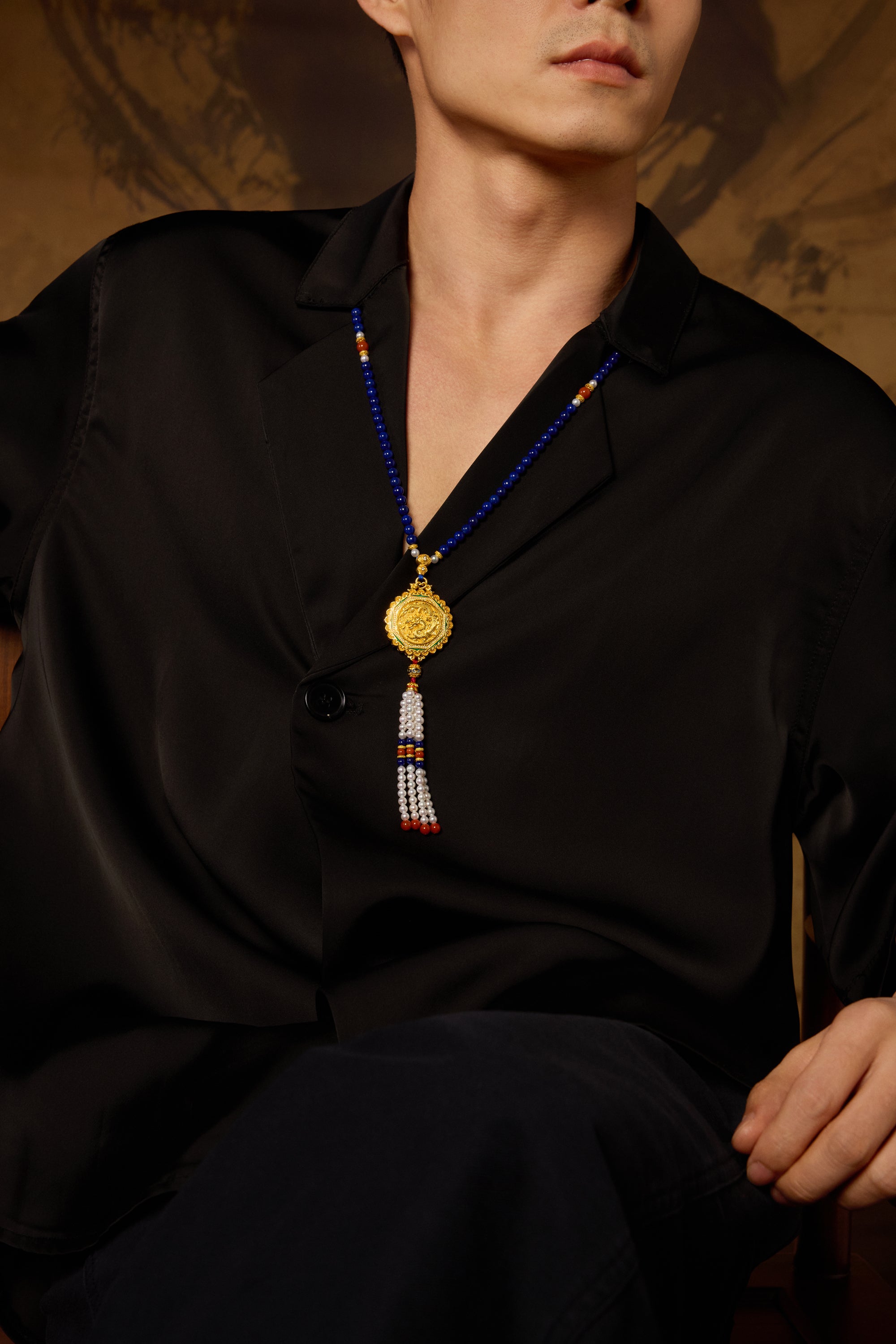 "Chinese Culture Collection - Dan Qing" 24K Gold Pendant Necklace Lapis Lazuli 3-5.5mm Diamond 0.05ct 4-10mm Dragons & Phoenixes 58-66g J0636332
