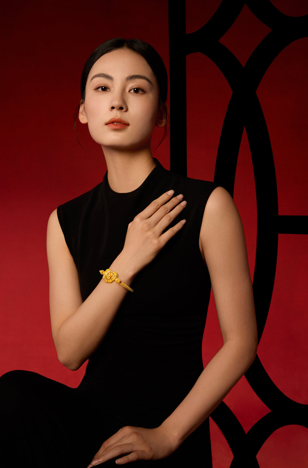 "Chinese Culture Collection - Dan Qing" 999 24K Gold Bangle Bracelet Diamond 0.0073ct Ruby 0.011ct Aquamarine 3.5-4mm Ruyi 67-77g W1050050