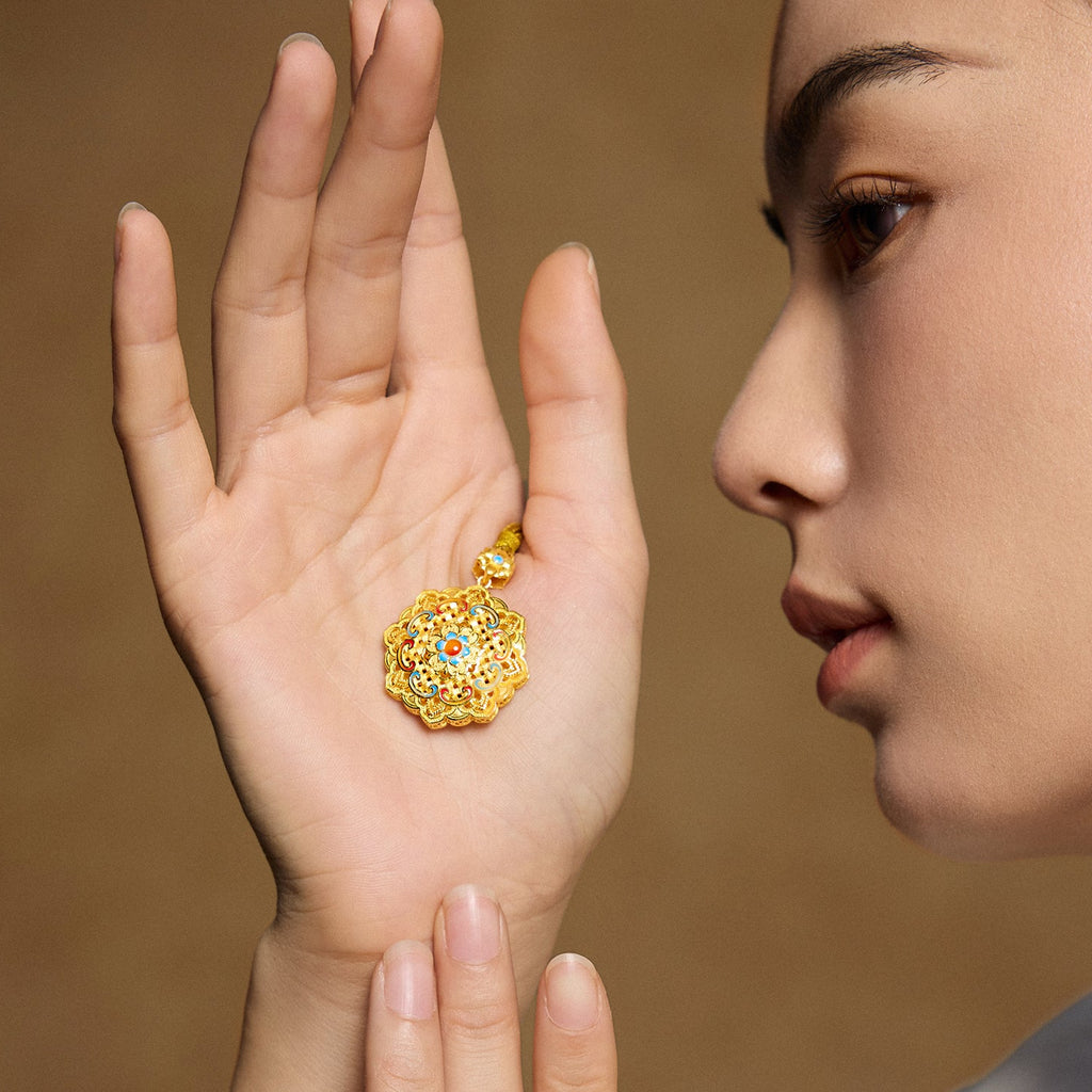 "Chinese Culture Collection - Woven Bamboo" 24K Gold Pendant Necklace Diamond 0.014ct Flora 18.12-20.12g W0423512