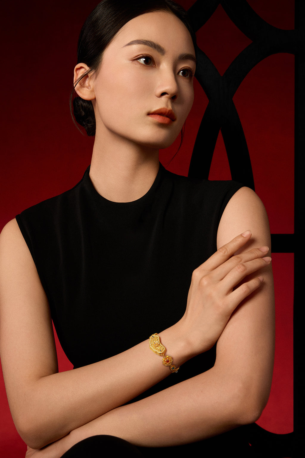 "Chinese Culture Collection - Dan Qing" 999 24K Gold Chain Bracelet Diamond 0.003ct Ruby 0.015ct Aquamarine 3-3.5mm Ruyi 35-41g W0750082