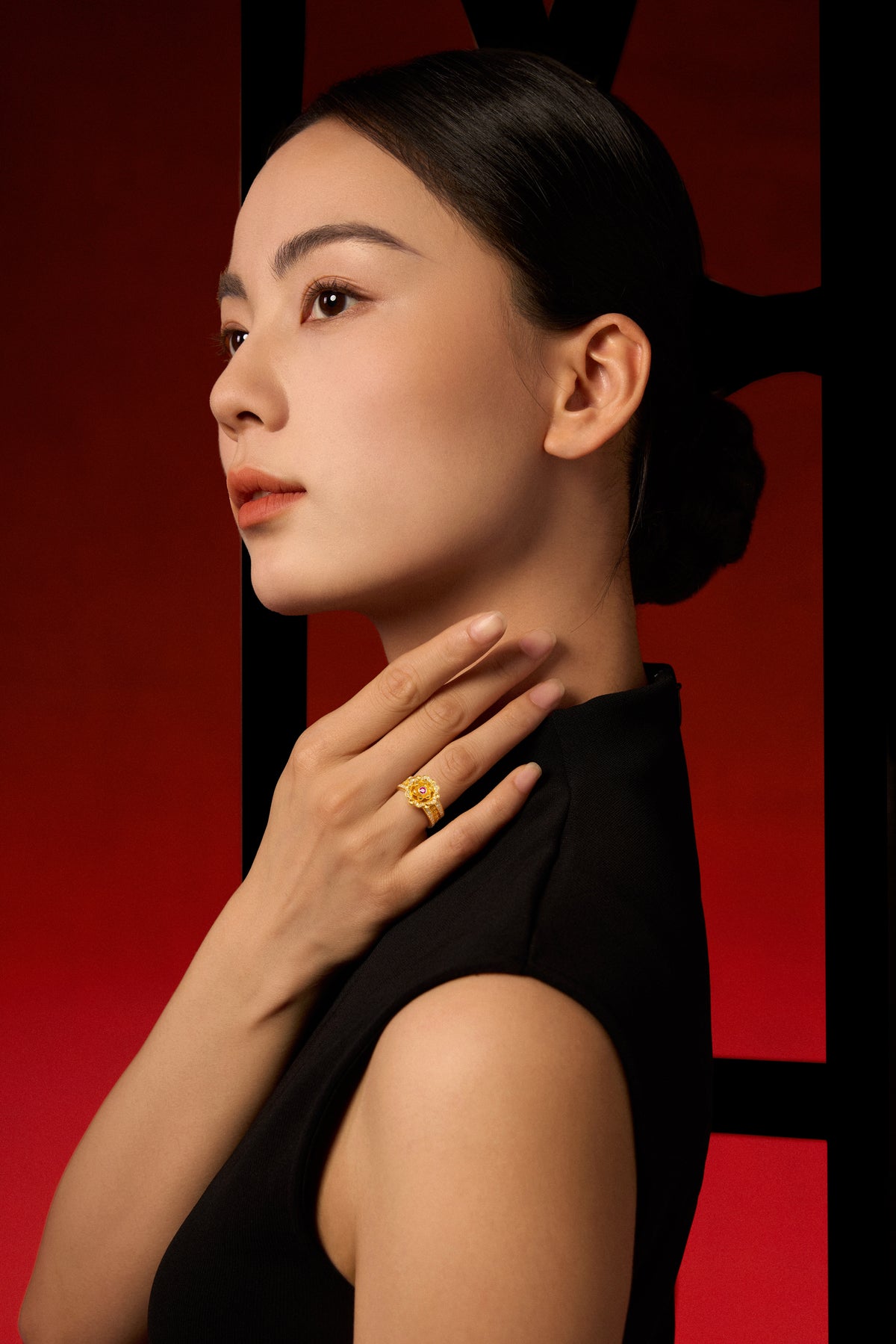"Chinese Culture Collection - Dan Qing" 999 24K Gold Ring Diamond 0.0083ct Ruby 0.066ct 0 Floral 11.5-14.5g W0150055