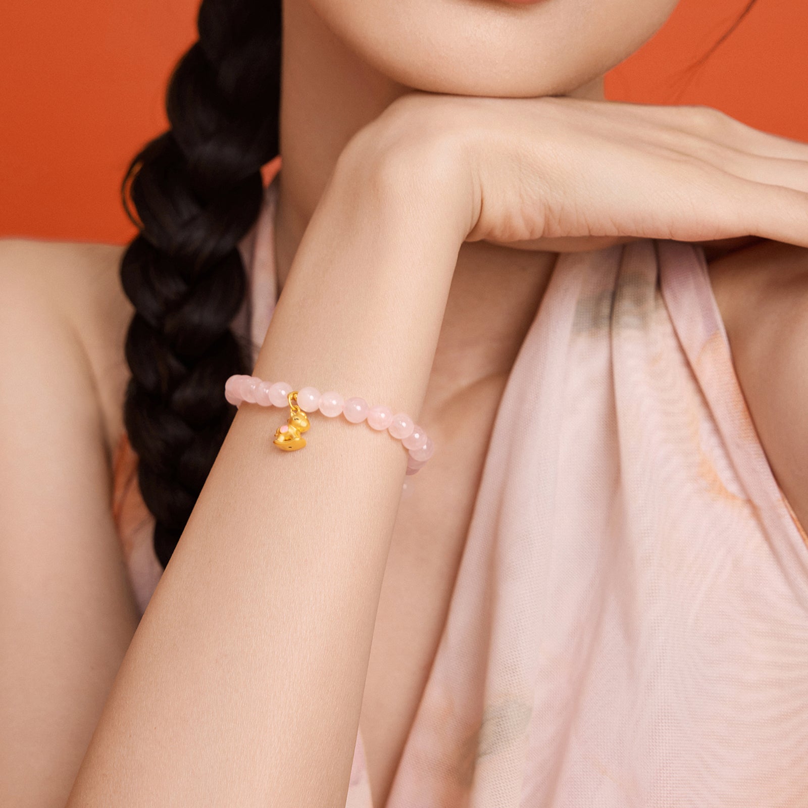 'Year of the Horse'  24K Gold Beaded Bracelet Rose Quartz Horse 0.5-0.8g 17cm A1915743