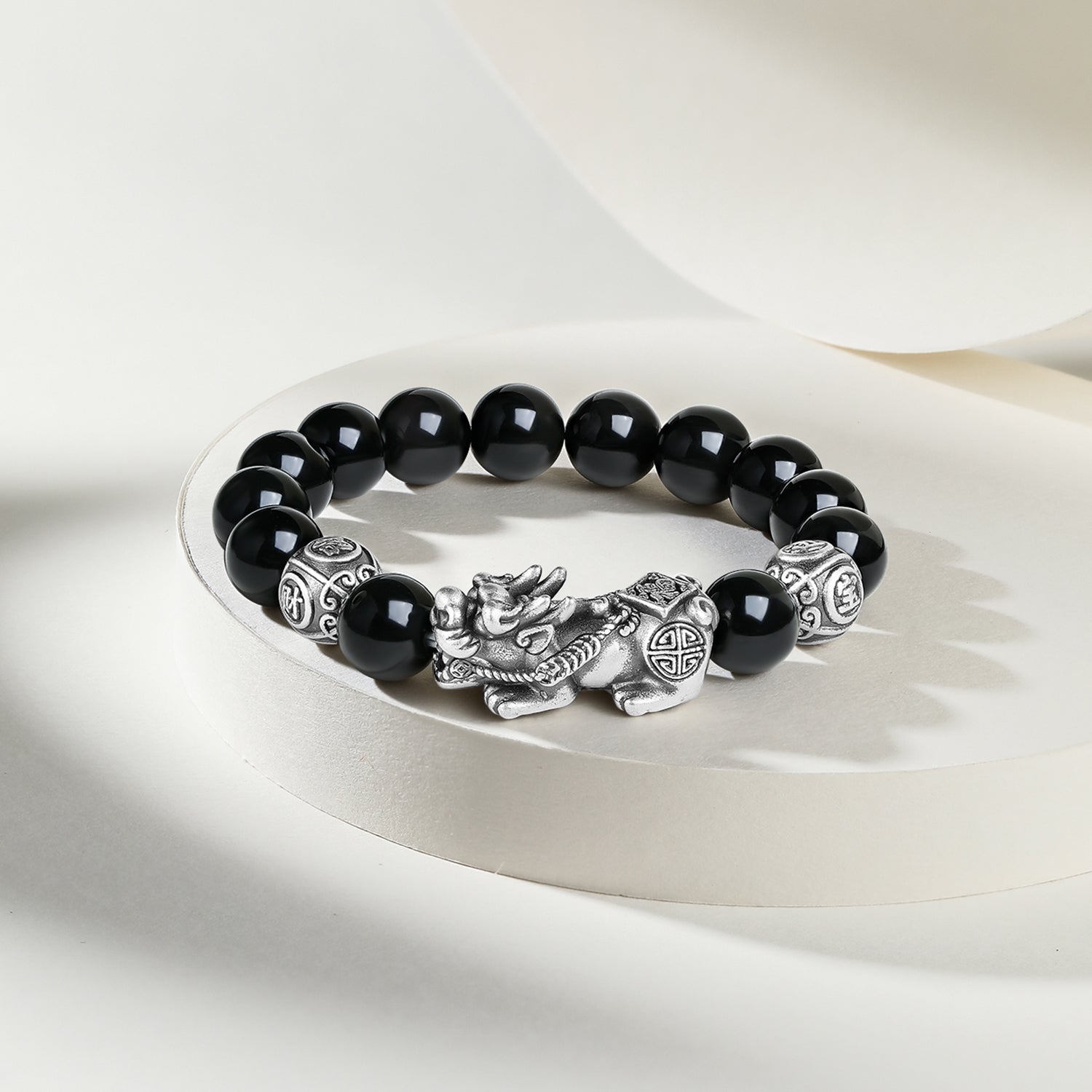 S925 Sterling Silver Beaded Bracelet Obsidian Pixiu 3.8-4.8g 18cm/20cm J1914054