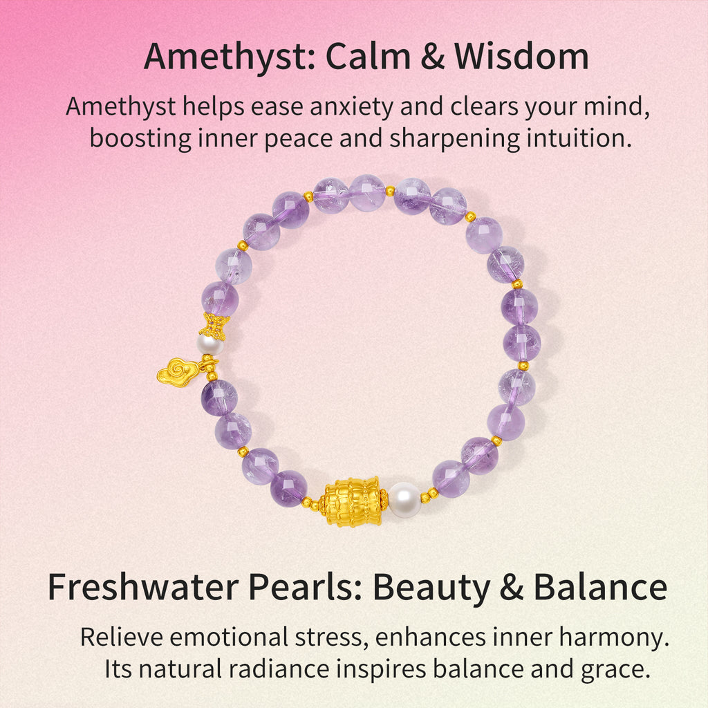 Jiuhua Mountain' 24K Gold Beaded Bracelet Amethyst Pearl Ksitigarbha's Implements J1915266