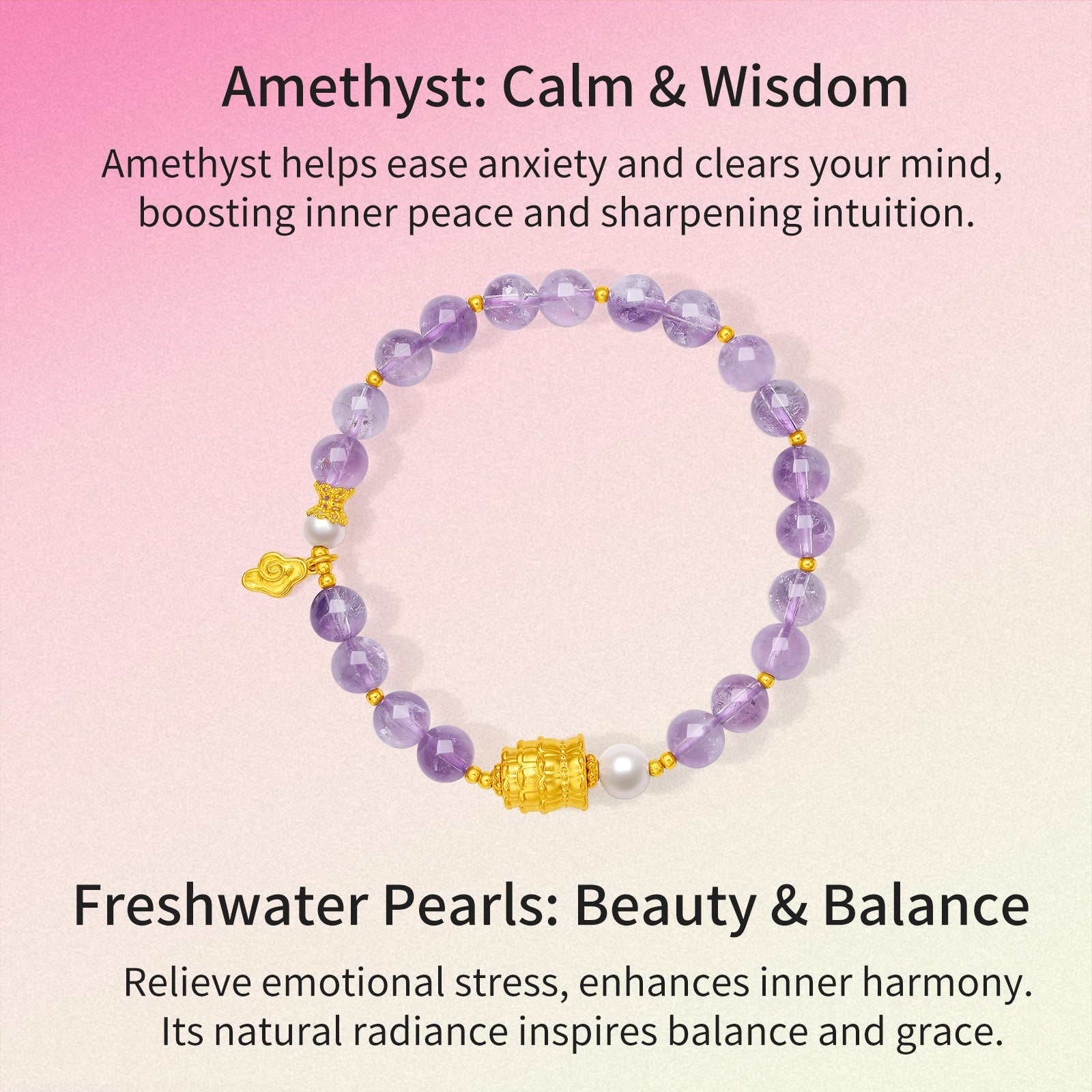 Jiuhua Mountain' 24K Gold Beaded Bracelet Amethyst Pearl Ksitigarbha's Implements J1915266