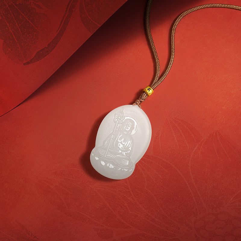 'Jiuhua Mountain' 24K Gold Pendant Necklace Heitian Jade Ksitigarbha Bodhisattva Y0415336