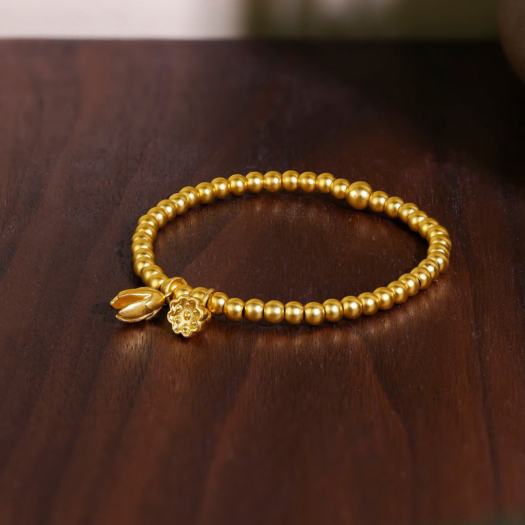 Antiquity Gold' 999.9 24K Gold Beaded Bracelet Lotus 11-12g A198922