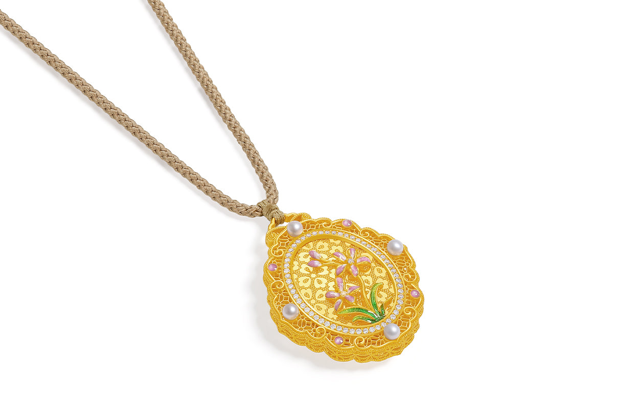"Chinese Culture Collection - Song Brocade" 24K Gold Pendant Necklace Diamond  2.5-2.7mm Pearl         Flower 12.43-14.93g W0423105