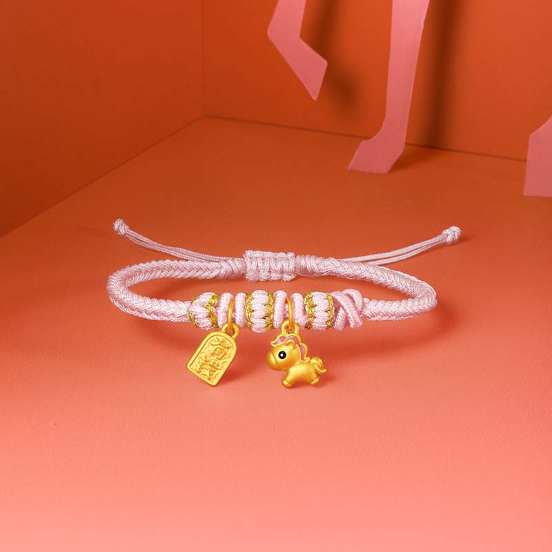 'Year of the Horse' 24K Gold String Bracelet Horse Yuanbao 1-1.3g 16cm-22cm A1715525