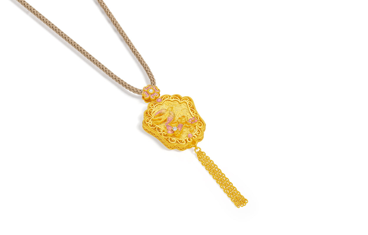 "Chinese Culture Collection - Song Brocade" 24K Gold Pendant Necklace Diamond Flower 14.09-16.59g W0423104