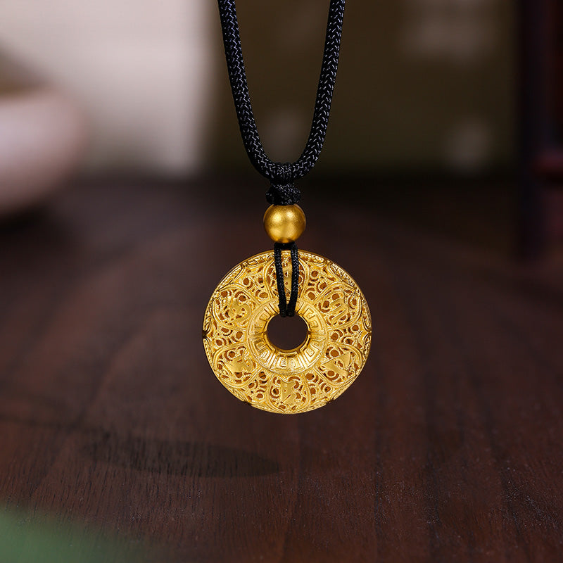 "Antiquity Gold" 999.9 24K Gold Pendant Necklace Peace Buckle 10-12g AA044040