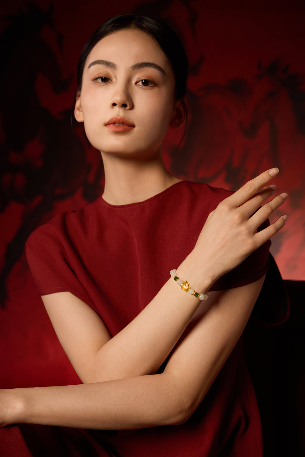 "Chinese Culture Collection - Dan Qing" 24K Gold Beaded Bracelet Hetian Jade 7.8-8.3mm Diamond 0.0026ct 5.8-6.3*2.8-3.3mm Horse 1.1-1.6g Y1937270