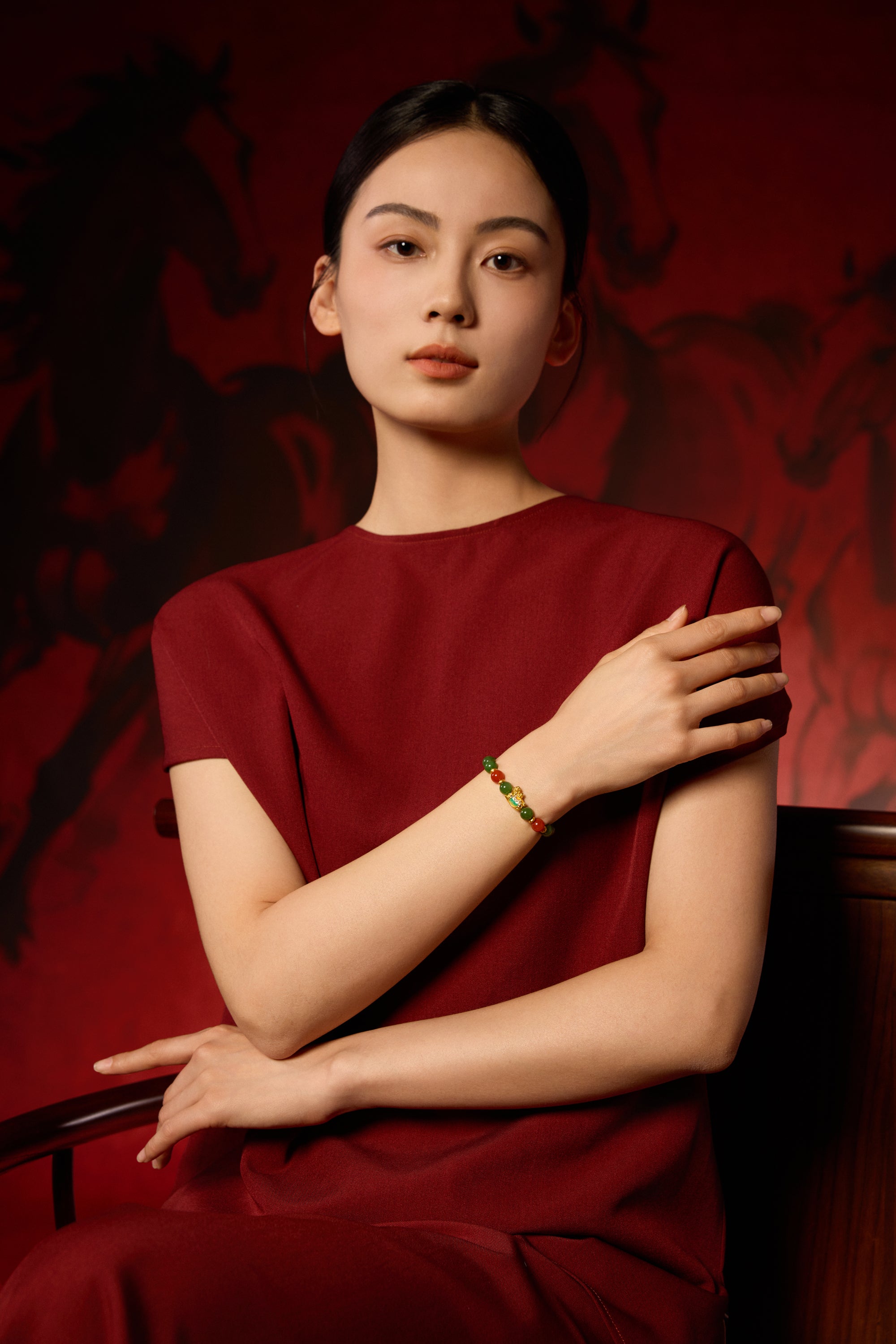 "Chinese Culture Collection - Dan Qing" 24K Gold Beaded Bracelet Hetian Jade 7.8-8.3mm Diamond 0.0025ct Agate 0 Horse 1.1-1.65g Y1937267