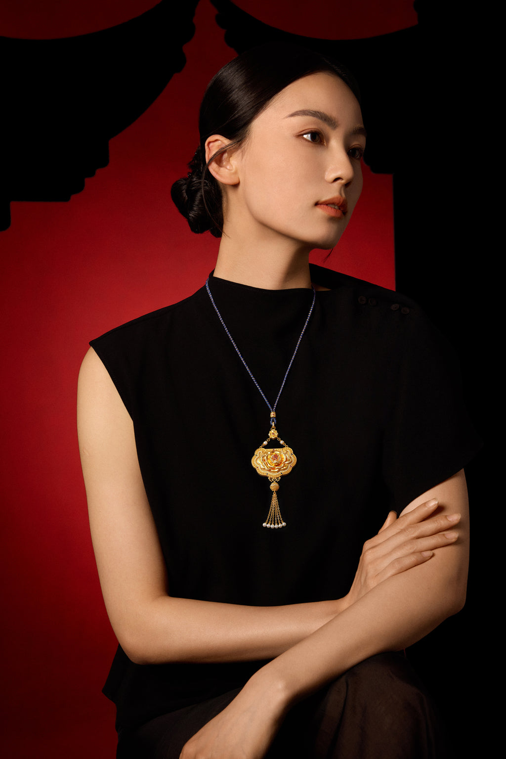 "Chinese Culture Collection - Dan Qing" 999 24K Gold Pendant Necklace Diamond 0.0061ct Ruby 0.039ct Aquamarine 4-4.5mm Ruyi 238-268g W0650048