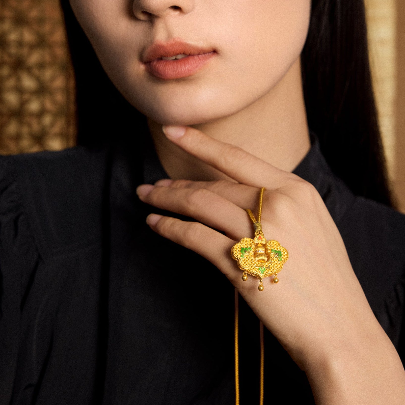 "Chinese Culture Collection - Woven Bamboo" 24K Gold Pendant Necklace Diamond Flora 15.63-17.63g W0423507