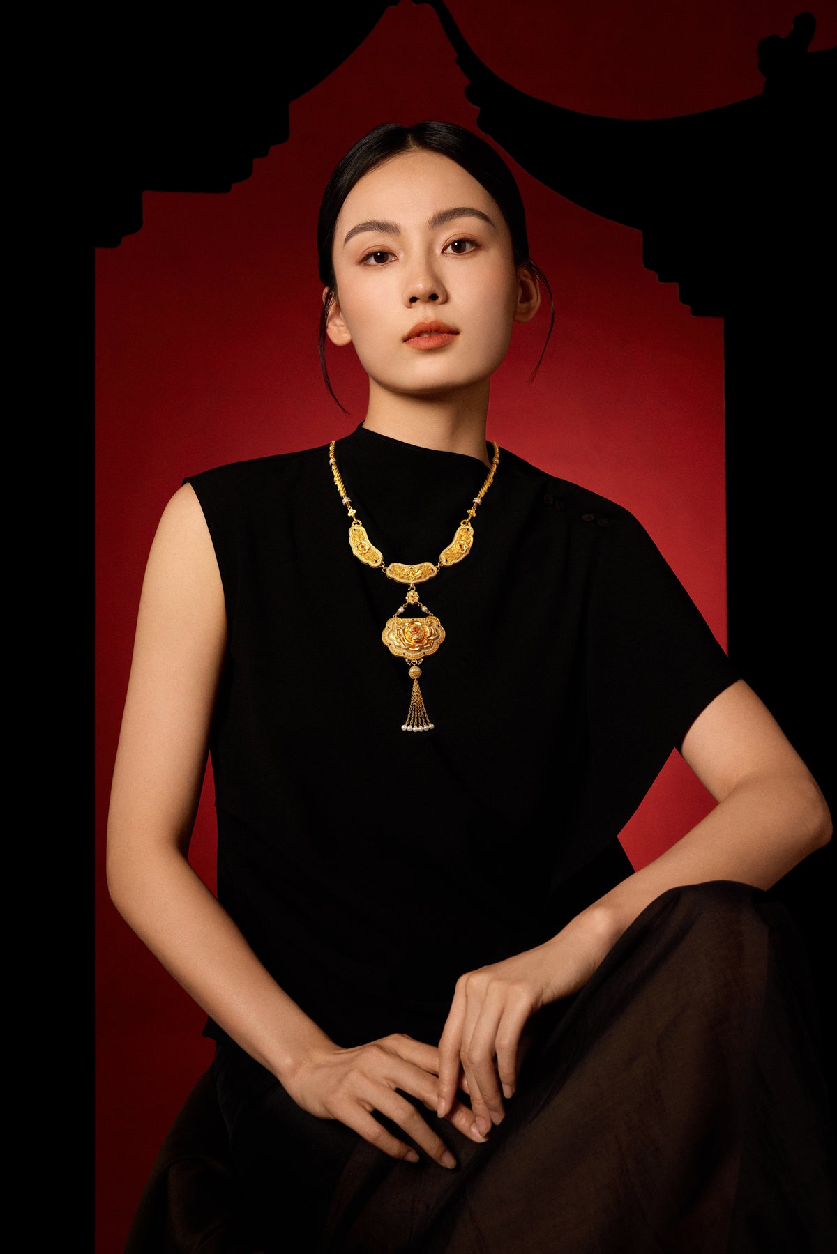 "Chinese Culture Collection - Dan Qing" 999 24K Gold Pendant Necklace Diamond 0.0061ct Ruby 0.039ct Aquamarine 4-4.5mm Ruyi 238-268g W0650048