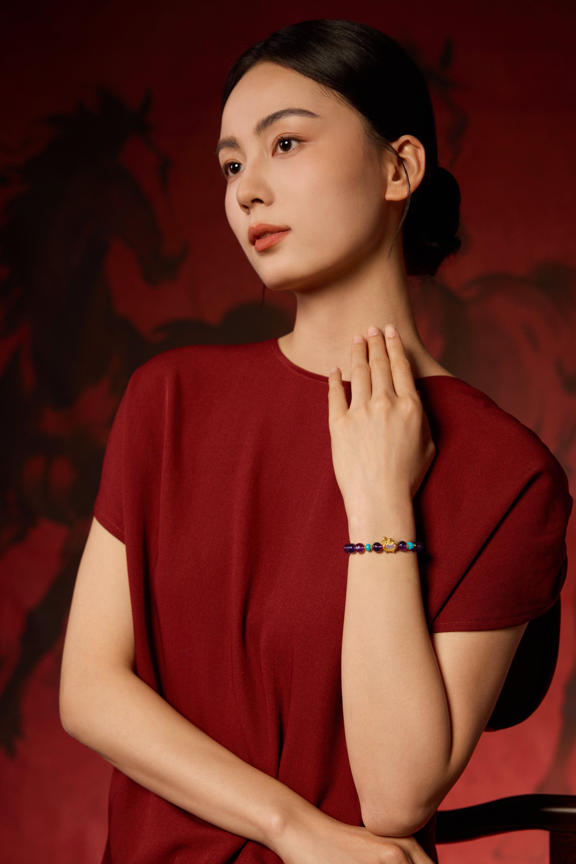 "Chinese Culture Collection - Dan Qing" 24K Gold Beaded Bracelet Amethyst 7.8-8.3mm Diamond 0.0024ct Turquoise 5.8-6.3*2.8-3.3mm Horse 0.9-1.5g J1937268