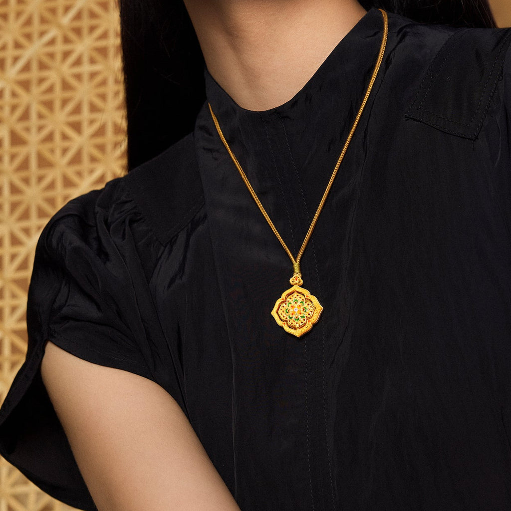 "Chinese Culture Collection - Woven Bamboo" 24K Gold Pendant Necklace Diamond 0.012ct 0.01ct Flora 16.45-18.45g W0423515