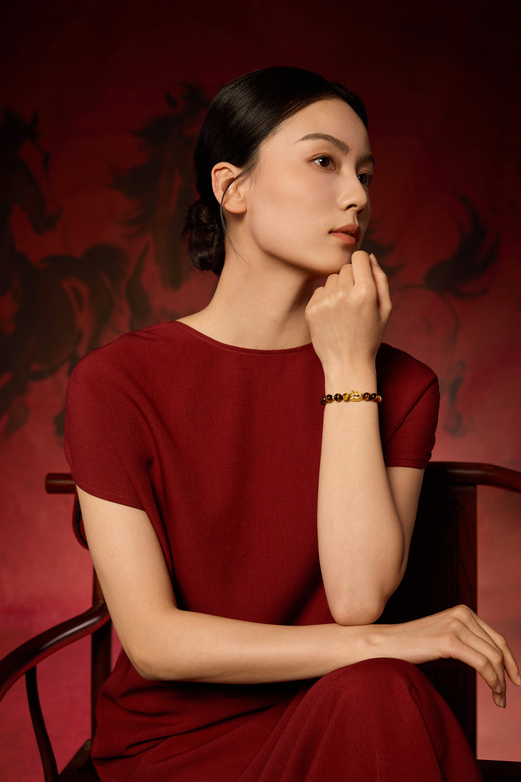 "Chinese Culture Collection - Dan Qing" 24K Gold Beaded Bracelet Tiger's-eye 7.8-8.3mm Diamond 0.0026ct Agate 5.8-6.3*3.5-4mm Horse 1.1-1.55g J1937266